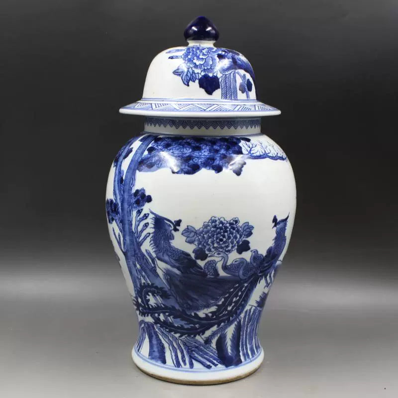 Chinese Antique Porcelain Lid Pot,Chinese Qing Dynasty Kangxi Marked Blue and White Porcelain Ginger Jar,Hand Painting Phoenix and Poeny Pattern Ceramic Ginger Jar