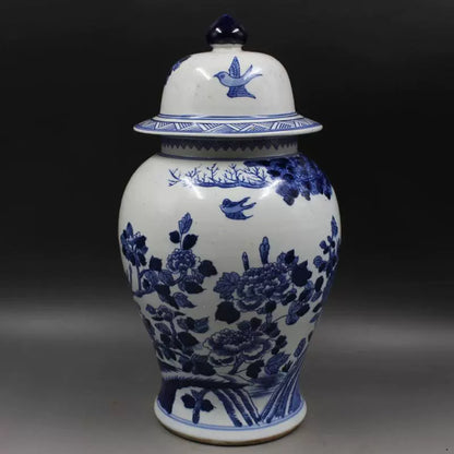 Chinese Antique Porcelain Lid Pot,Chinese Qing Dynasty Kangxi Marked Blue and White Porcelain Ginger Jar,Hand Painting Phoenix and Poeny Pattern Ceramic Ginger Jar