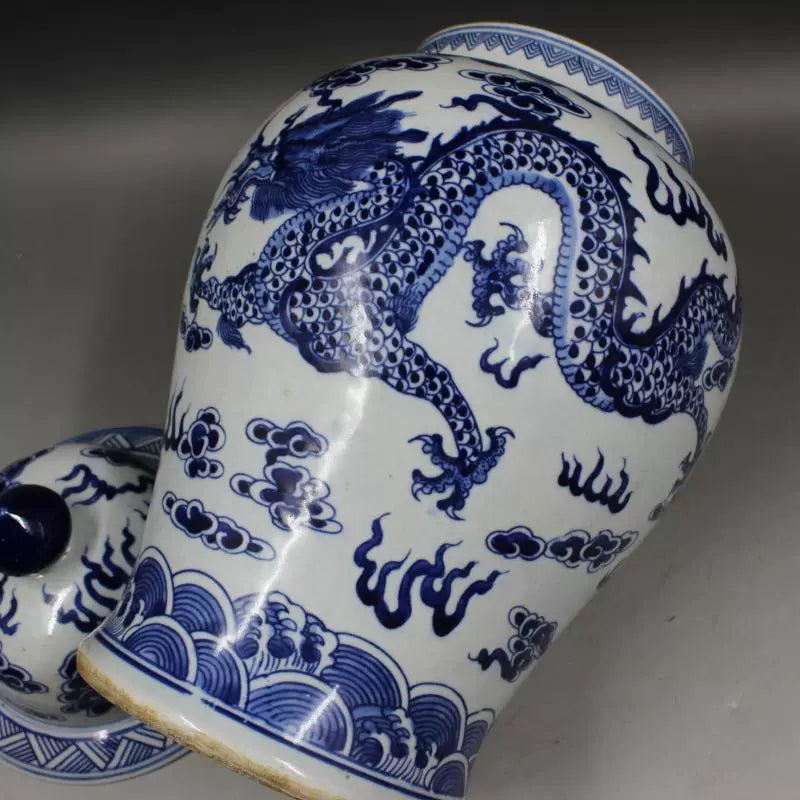 Chinese Antique Porcelain Lid Pot,Chinese Qing Dynasty Kangxi Marked Blue and White Porcelain Ginger Jar,Hand Painting Double Dragons Pattern Ceramic Ginger Jar